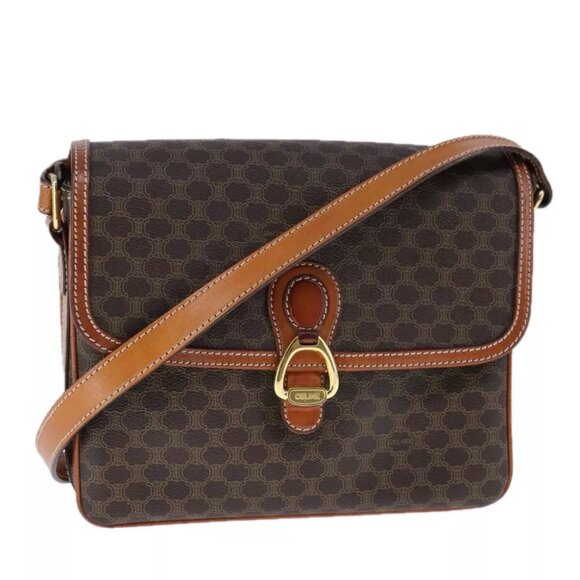 CELINE Macadam Canvas Shoulder Bag PVC Leather Brown Gold Auth yk16625 - Picture 1 of 15